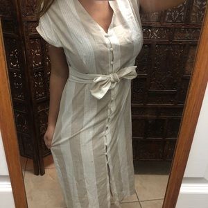 MANGO Linen Beige Tan Cream Belted Button Dress 8